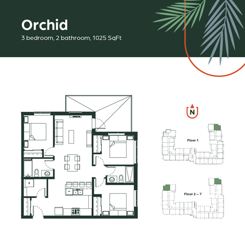 Floor plan for 3 beds, 2 baths, 1025 sqft